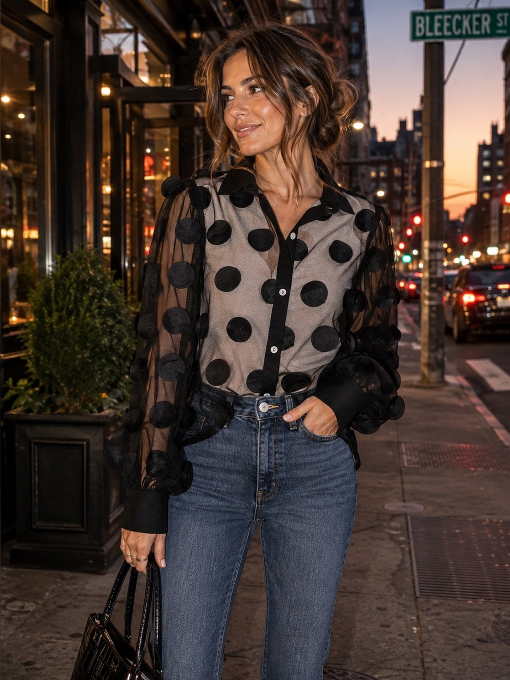 SEMI-SHEER Black Chiffon Applique Button Front Downtown Collared Shirt, S